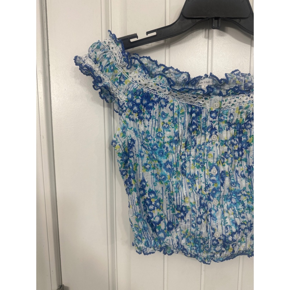 Poupette St Barth Blue Floral Off Shoulder Crop Top Button Front Lace Trim Small - Picture 3 of 8